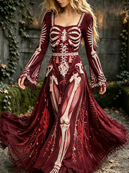 Women's Retro Gothic Human Structure Halloween Theme Casual Long-sleeved Dress