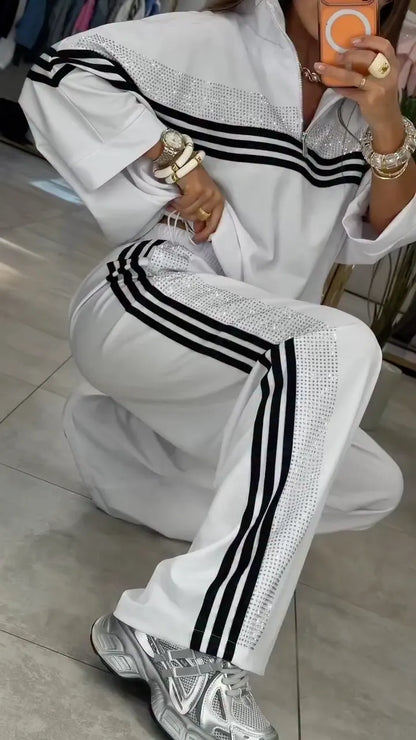 White Rhinestone-Trimmed Tracksuit Set