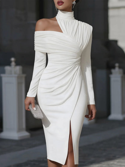 High Neck Cut Out Ruched High Slit Bodycon Midi Dress