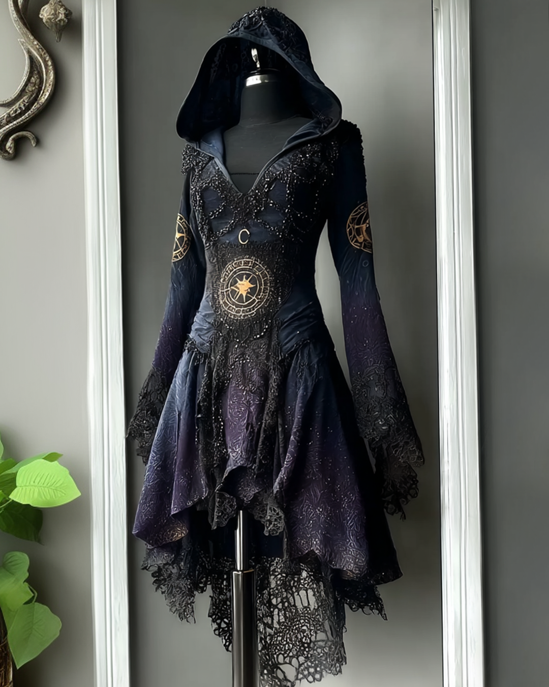 Halloween Gradient Star and Moon Embroidered Lace Patchwork Hooded Dress 8d5c