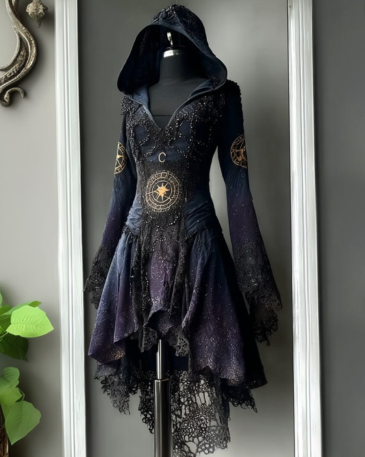 Halloween Gradient Star and Moon Embroidered Lace Patchwork Hooded Dress 8d5c
