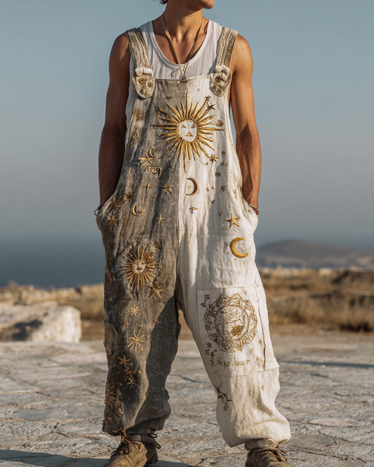 Men's casual star and moon 3D embroidery contrast color stitching overalls 2ec0