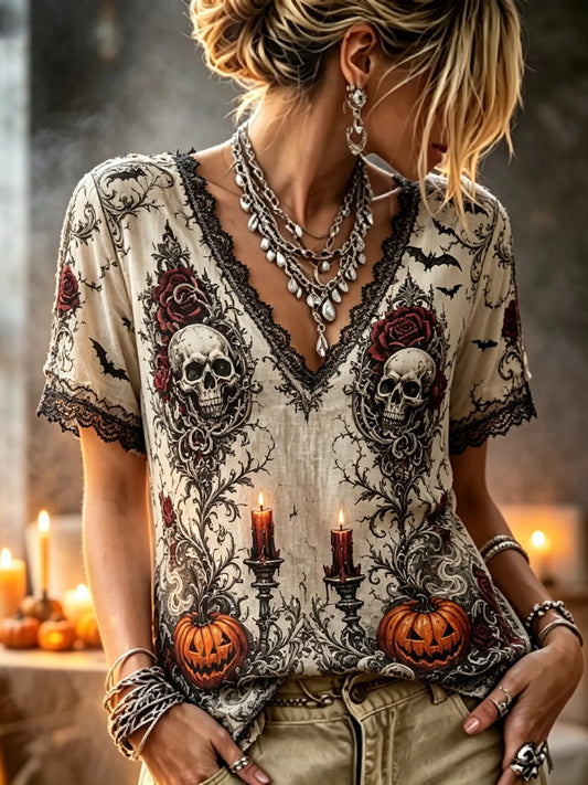 Women's Dark Rose Skull Bat Design V-neck Cotton Linen T-shirt