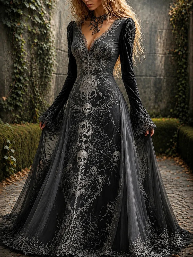 Women's Retro Gothic Skull Pattern V Neck Maxi Halloween Dress