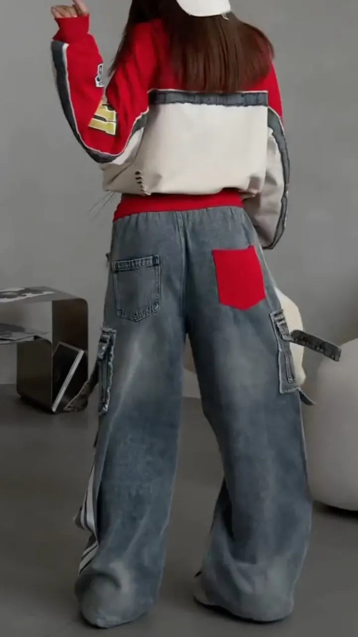 Denim Patchwork Racing Sweatshirt & Pants Co-Ord Set