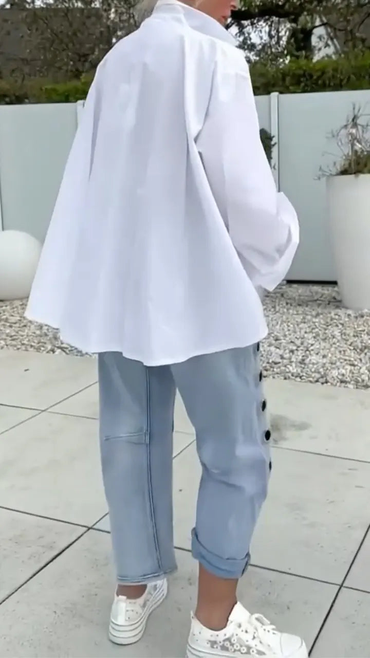 Oversized V‑Neck Shirt & Eyelet‑Detail Cropped Jeans Co‑Ord Set