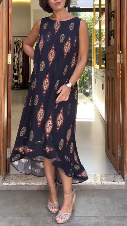 Black Sleeveless Geometric Print High-Low Dress