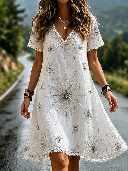 Women's Halloween Spider And Spiderweb Art Pattern V-neck Midi Dress