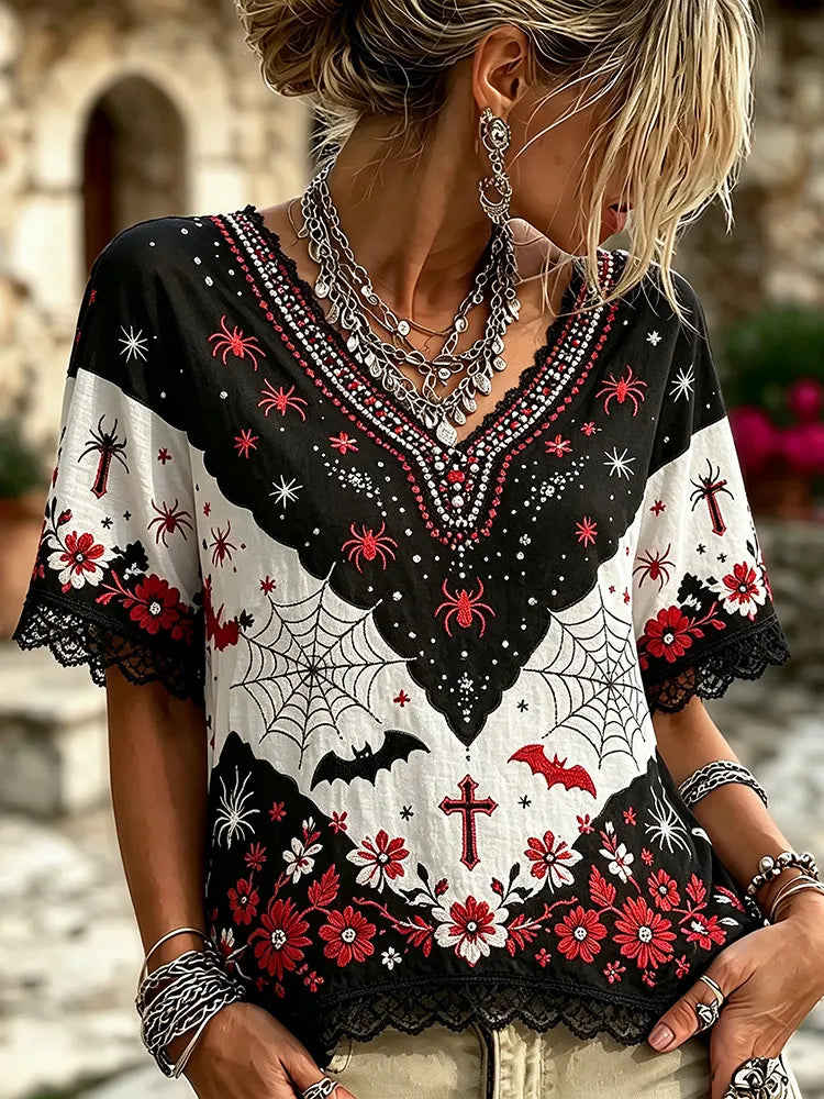 Vintage Gothic Spider Bat Cross Embroidery V Neck Short Sleeve Top