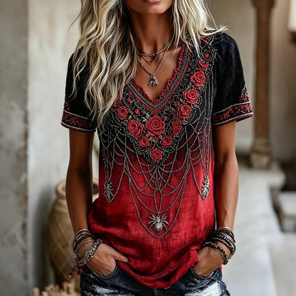 Vintage Gothic Spider Flower Embroidery V Neck Short Sleeve Top
