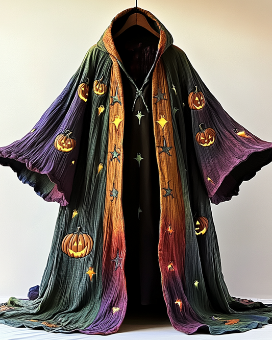 Halloween Themed  Irregular Gradient Pumpkin Embroidered Hooded Cape  78fa