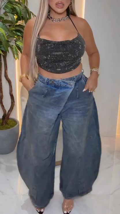 Black Sparkly Crop Top & Baggy Denim Pants