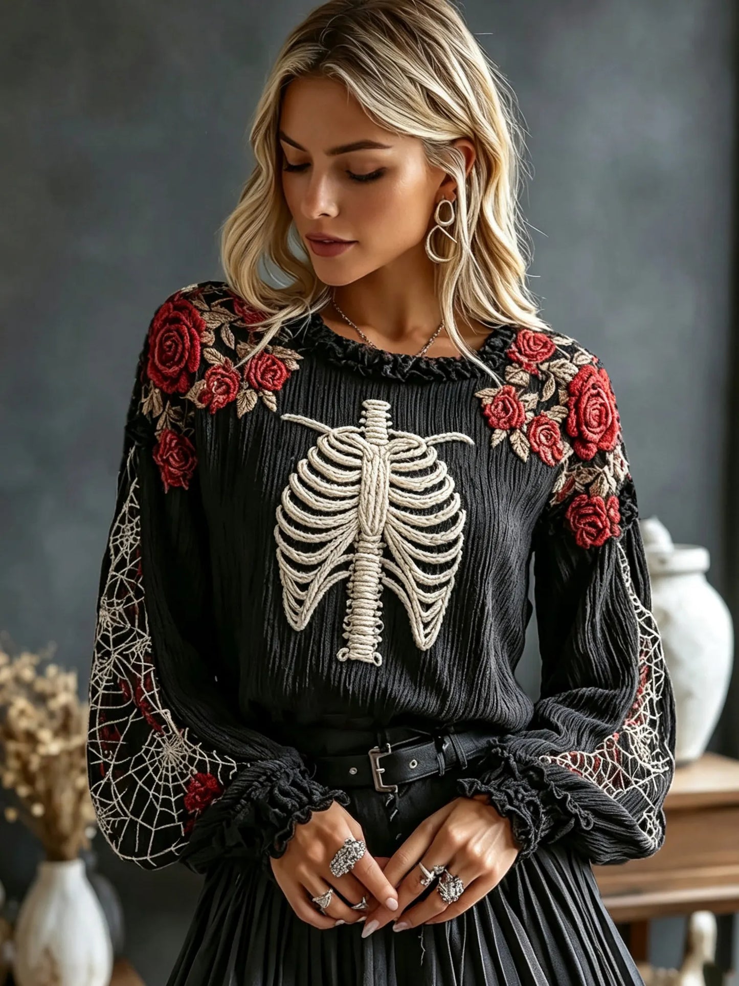 Women's Retro Halloween Bone And Floral Art Embroidery Round Neck Top