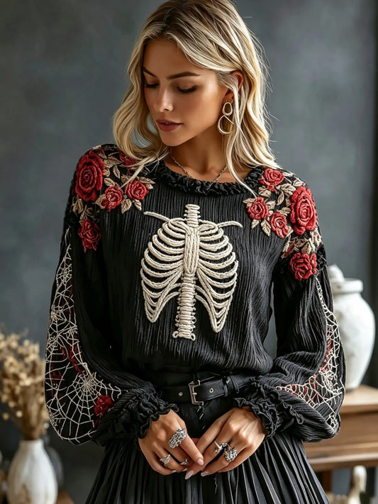 Women's Retro Halloween Bone And Floral Art Embroidery Round Neck Top
