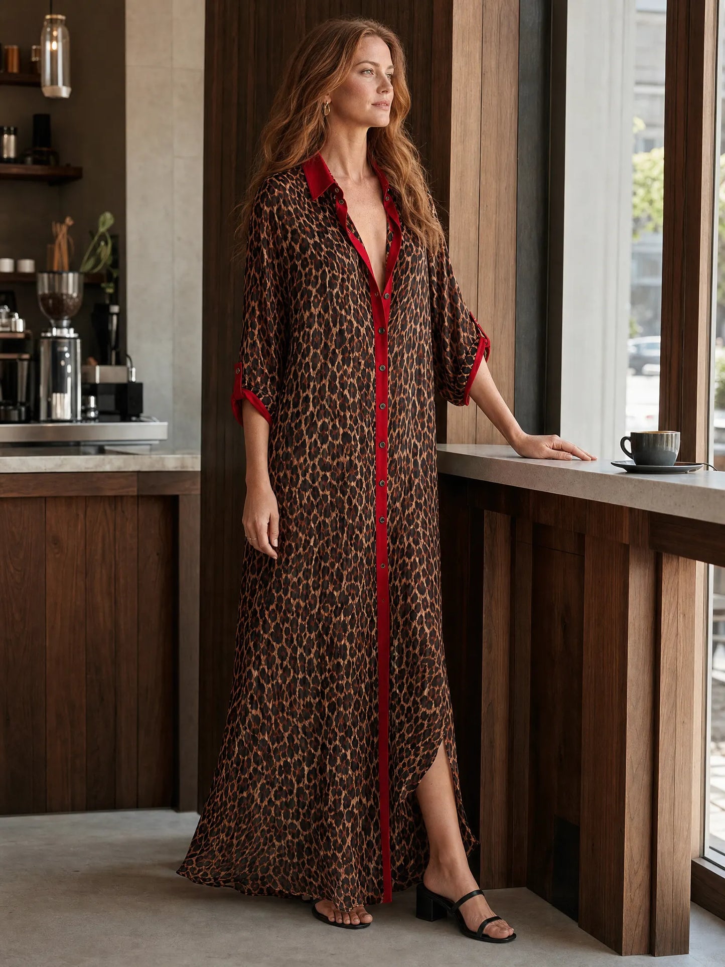 Effortless Glam Sheer Leopard Deep-V Belted Brown Shirt Maxi Dress