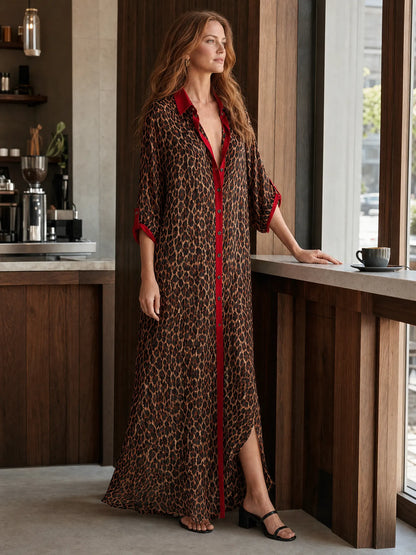 Effortless Glam Sheer Leopard Deep-V Belted Brown Shirt Maxi Dress