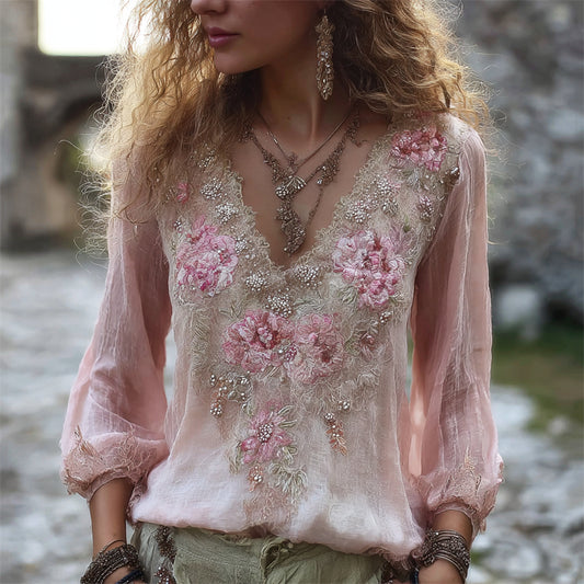 Boho Pink Floral Beaded Lace Flowy Linen Tunic