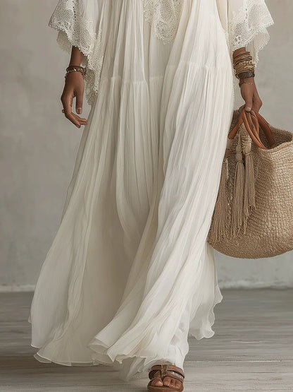 White Lace V-neck Batwing Sleeve Chiffon Maxi Dress