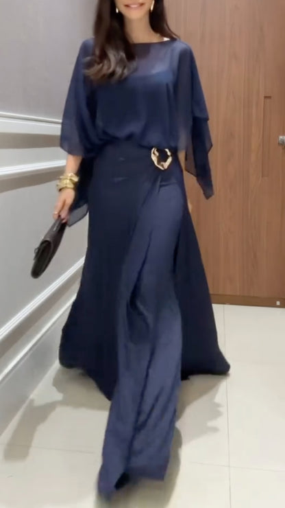 Women's Two-Piece Chiffon Casual Set (Faux Two-Piece Top + Faux Two-Piece Pants)