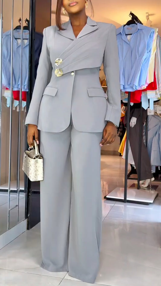 Wrap Detail Blazer & Wide Leg Pant Suit Set