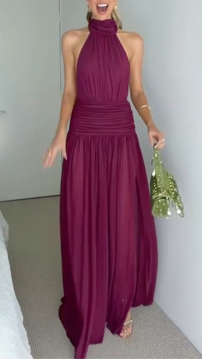 Elegant Halter Neck Pleated Waist Backless Maxi Dress