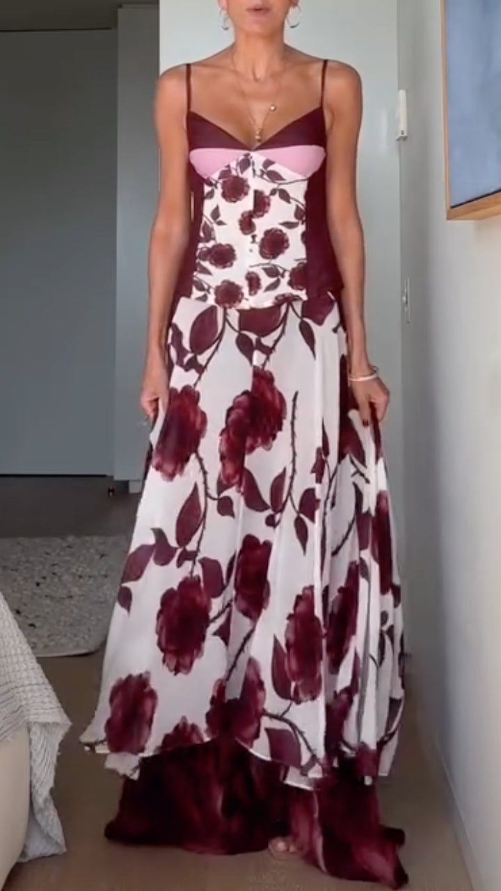 Burgundy Color-Block Floral Print Strappy Floor-Length Set
