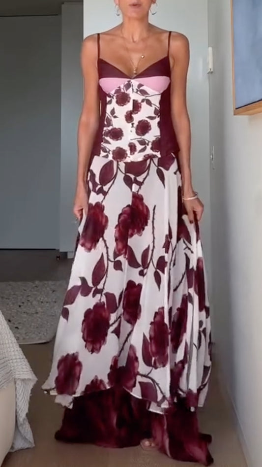 Burgundy Color-Block Floral Print Strappy Floor-Length Set