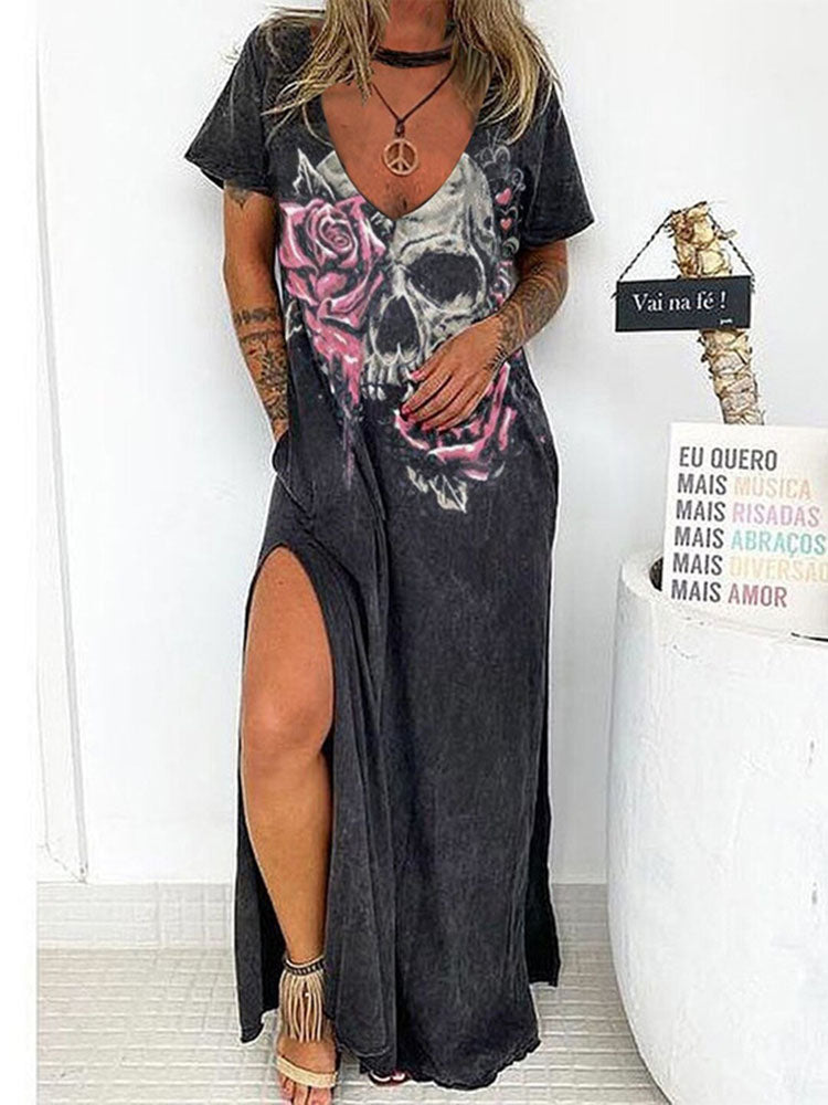 Vintage V-Neck Skull Print Short Sleeve Slit Maxi Dress
