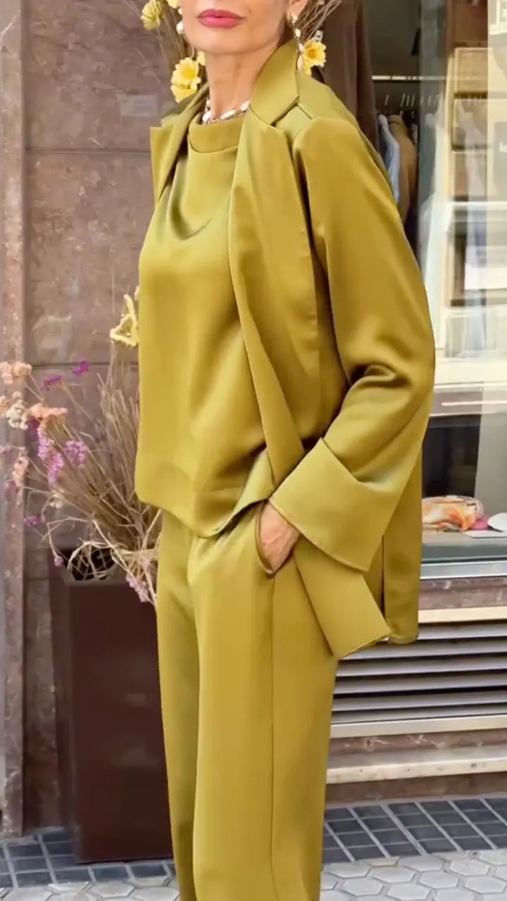 Olive Green Satin Blazer, Top & Wide Leg Pants Co-Ord Set
