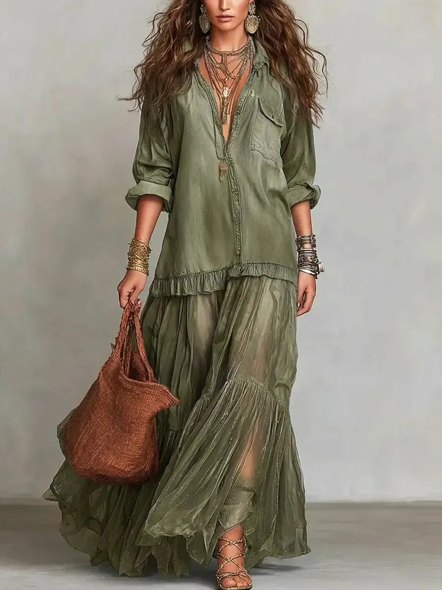 Blue Faux Denim Shirt Collar With Sheer Pockets Maxi Dress
