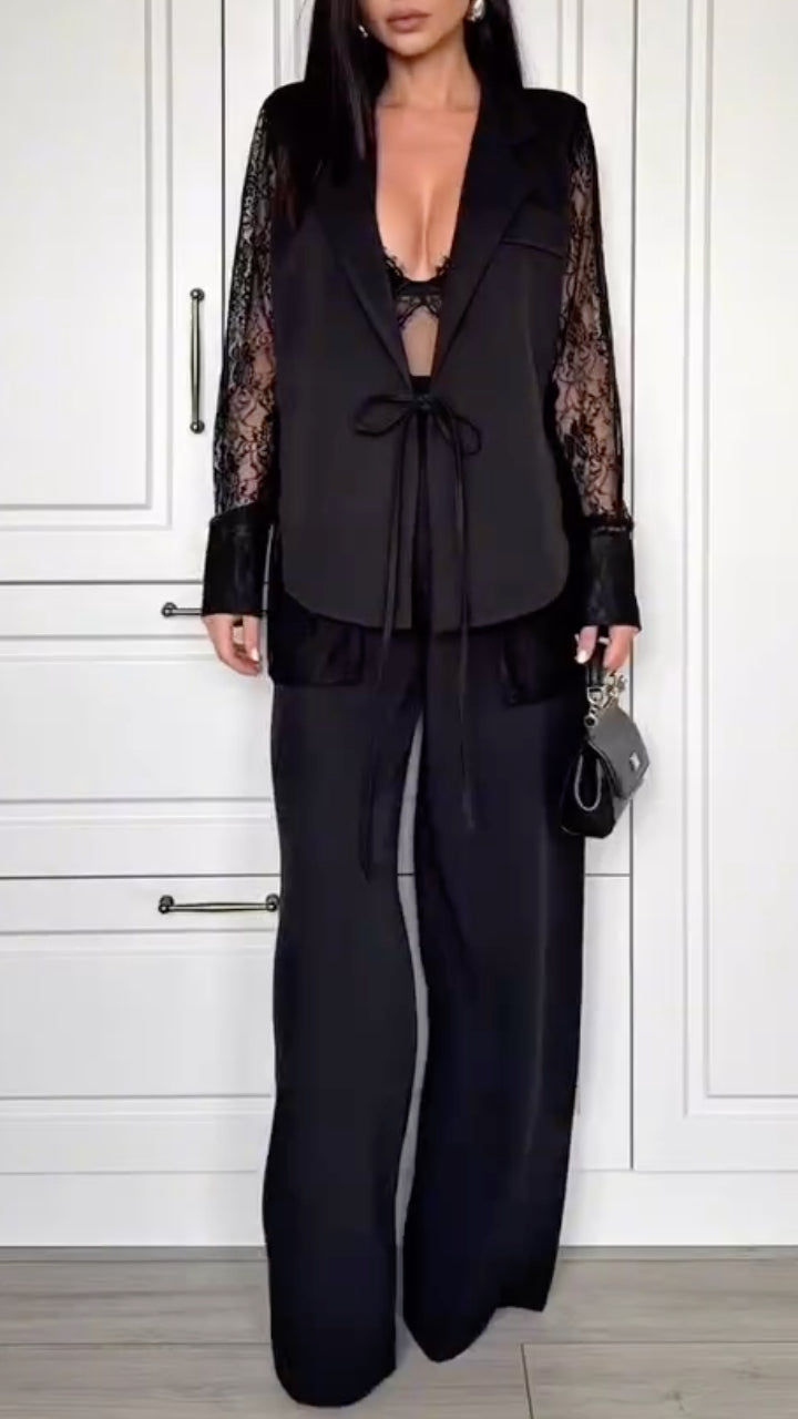 Lace Sleeve Blazer & Wide Leg Pants Co-Ord