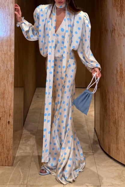 Women's V-Neck Polka Dot Satin Maxi Dress