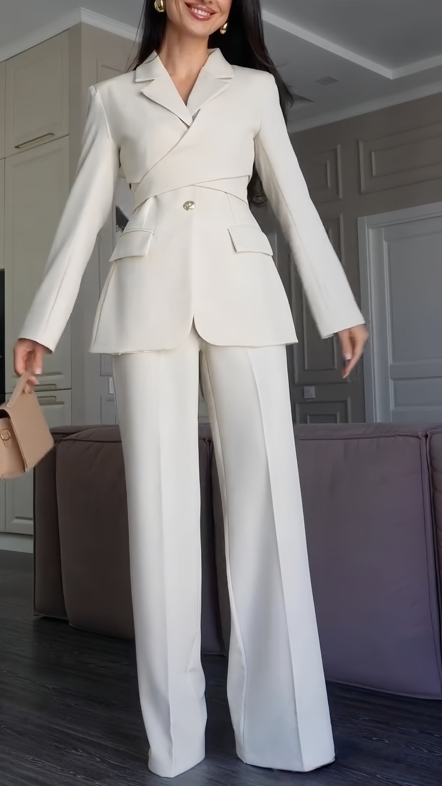 Cross Wrap Tailored Blazer & Wide Leg Pants Suit