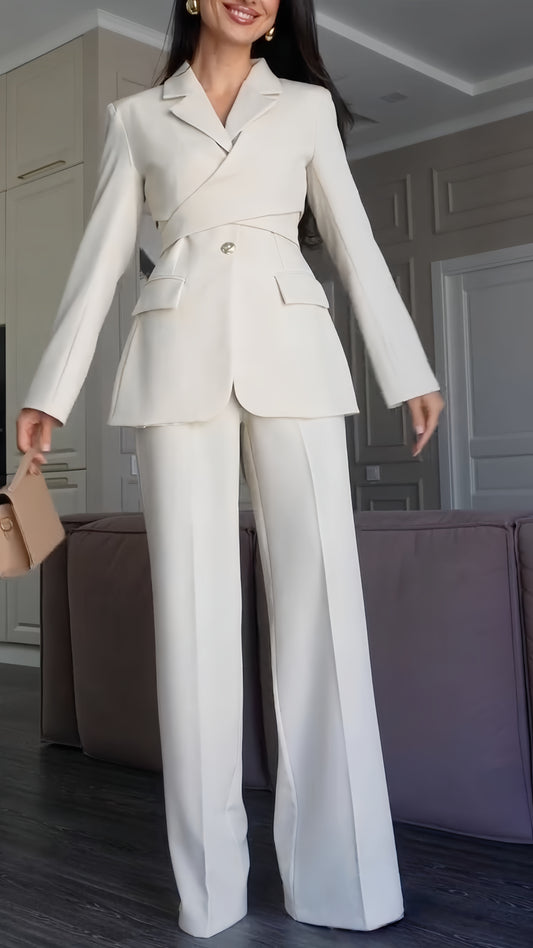 Cross Wrap Tailored Blazer & Wide Leg Pants Suit