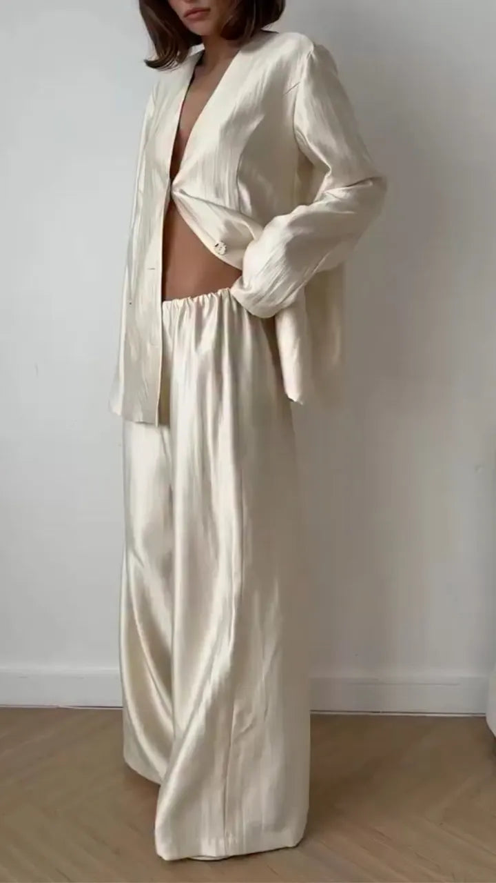 Cream Satin Oversized Blazer Co-Ord Set