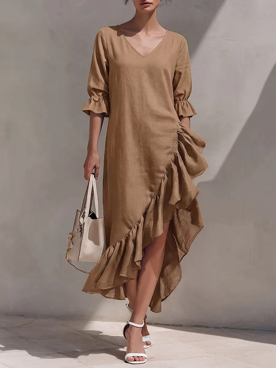 Women's Solid-color V-neck 3/4 Sleeve Casual Loose Cotton-linen Dress With Ruffle Details