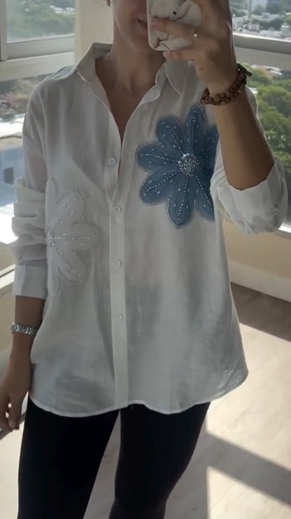 Oversized Floral Embroidery Button‑Down Shirt