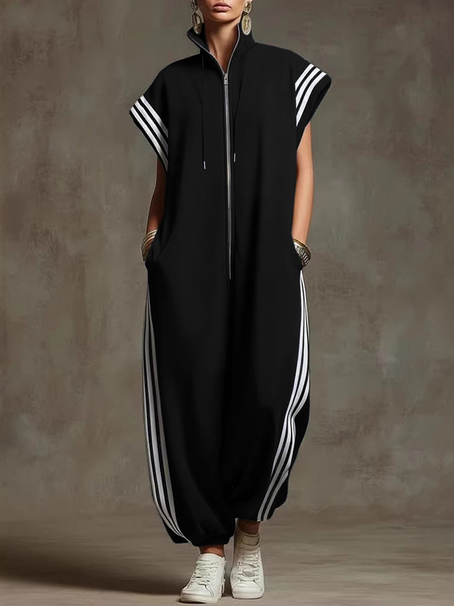 Striped Sleeveless Zipper Oversized Jumpsuit