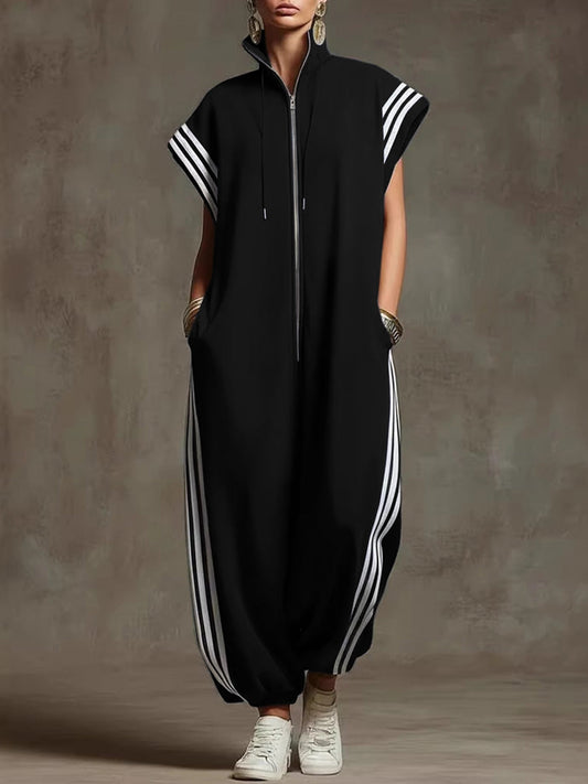 Striped Sleeveless Zipper Oversized Jumpsuit