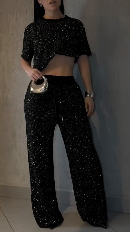 Crew-Neck Black Casual Two-Piece Set with Hot-Fix Rhinestones