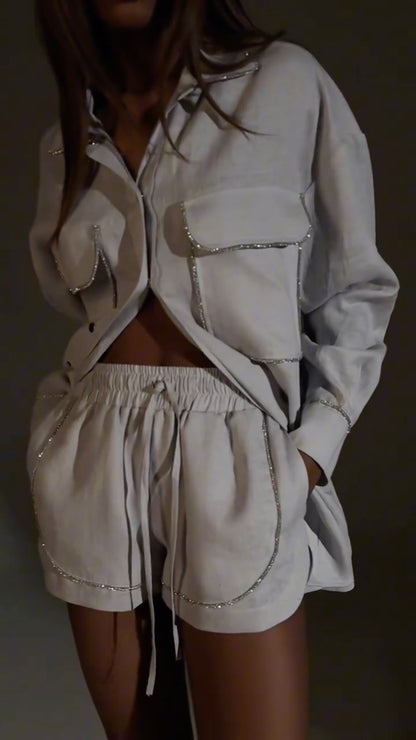 Women's Collared Linen-Trimmed Shirt & Shorts Set