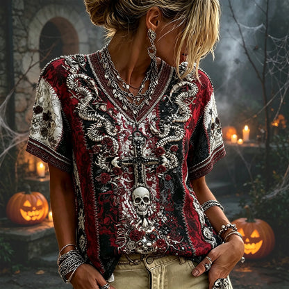 Women Gothic Skeleton Snake Cross Floral 3d Embroidery V Neck Short Sleeve Top