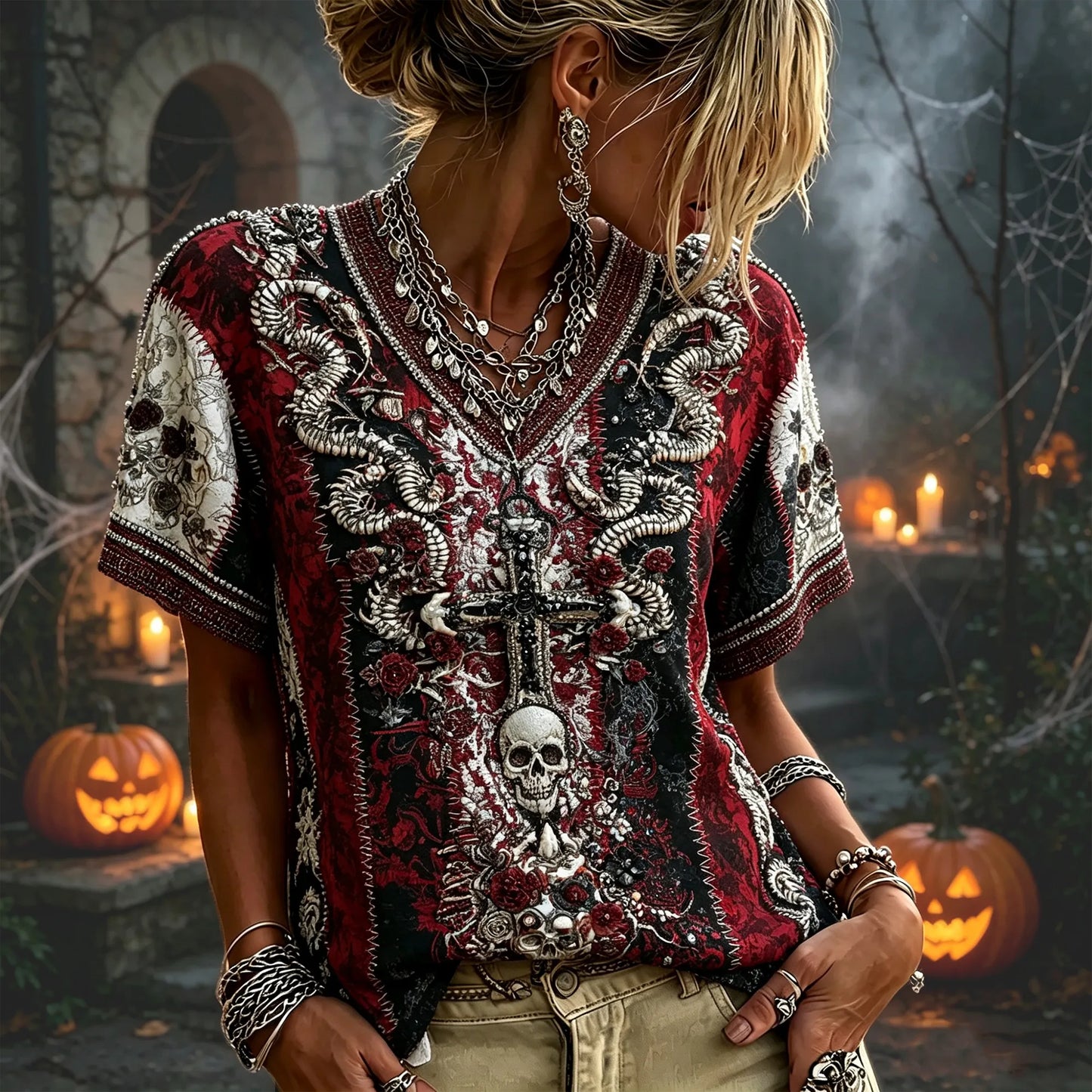 Women Gothic Skeleton Snake Cross Floral 3d Embroidery V Neck Short Sleeve Top