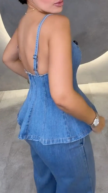Women's Light Blue Denim Cami Top & Wide Leg Pants Set