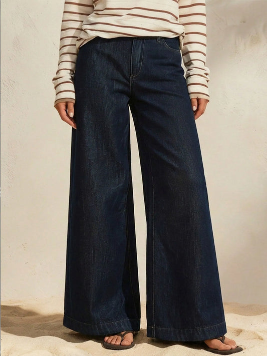 Womens High Waist Dark Wash Wide Leg Full Length Denim Jeans