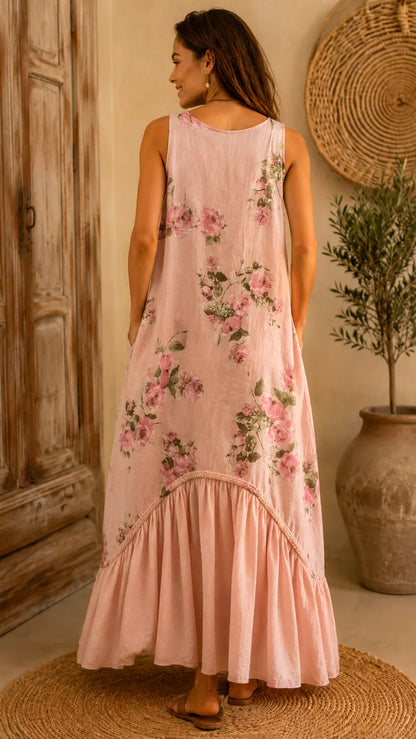 Rose Floral Sleeveless Linen-Blend Maxi Dress