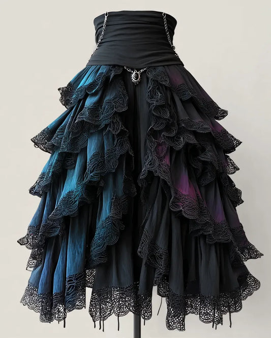 Elegant Patchwork Ruffle Skirt  15b9