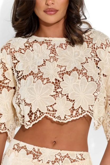 Beige Floral Lace Cropped Top Maxi Skirt Two-Piece Set