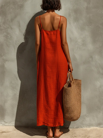 Linen Spaghetti Strap Maxi Dress with Square Neck