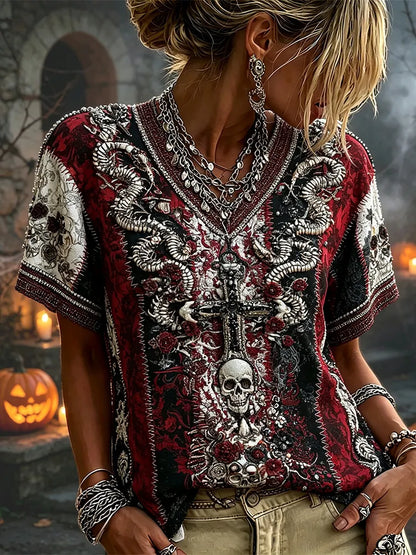 Women Gothic Skeleton Snake Cross Floral 3d Embroidery V Neck Short Sleeve Top